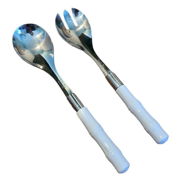 Vintage Frontier Forge Bamboo Salad Serving Set Stainless Silver White Handles M - Picture 1 of 5